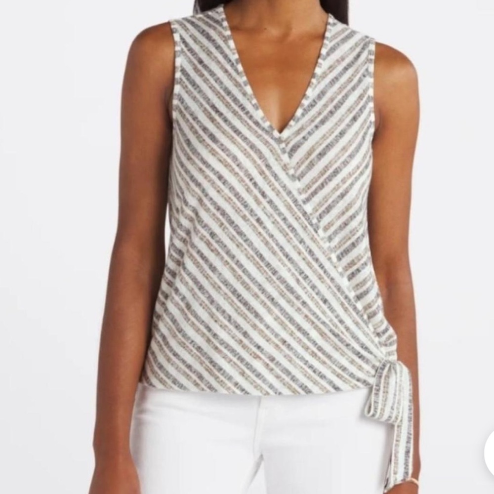 Bobeau Striped White & Multicolor V Neck Wrap Fine Knit Blouse